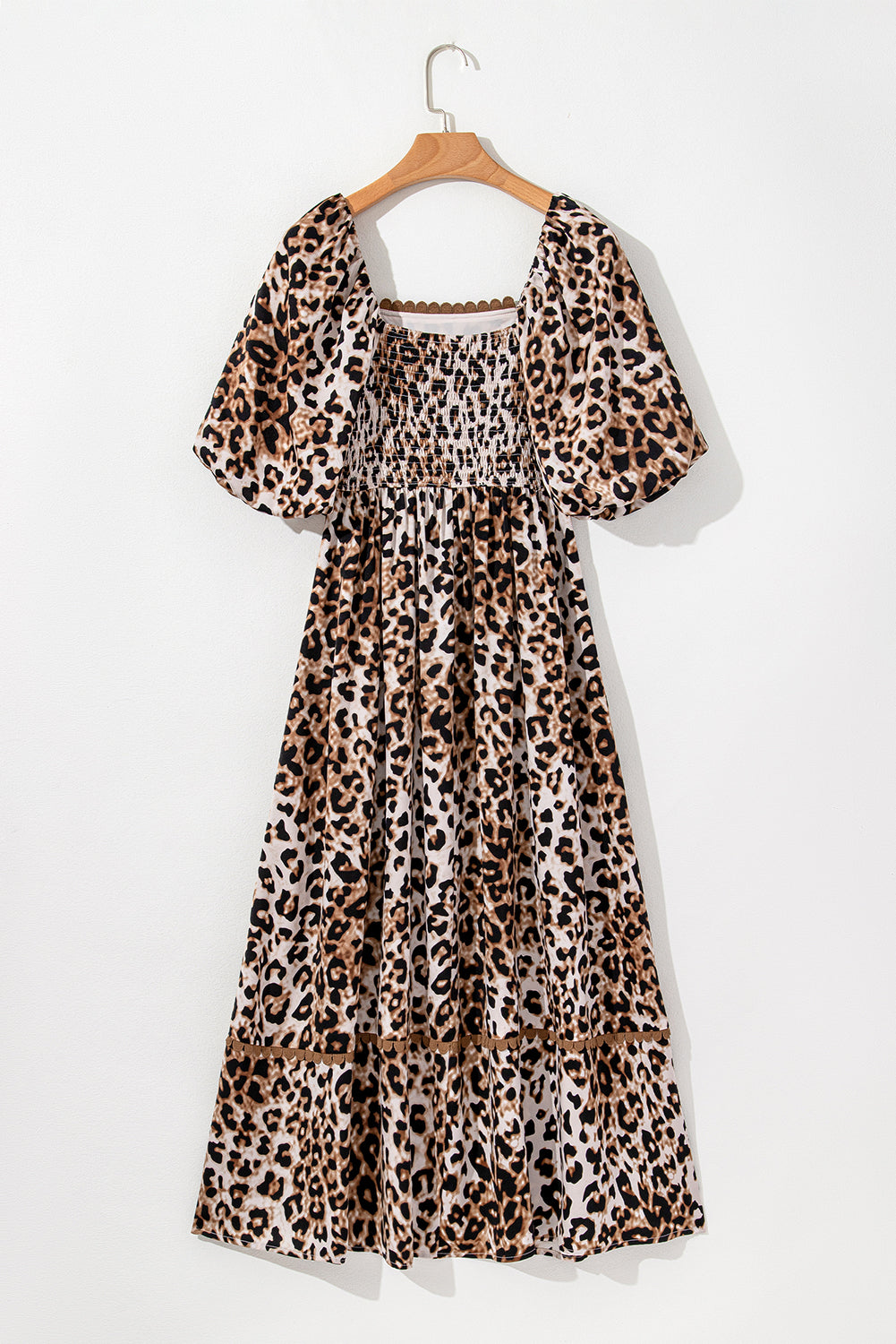 KaleaBoutique Stylish Leopard Print Bubble Sleeve Square Neck Maxi Dress - KaleaBoutique.com