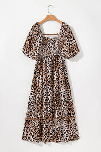 KaleaBoutique Stylish Leopard Print Bubble Sleeve Square Neck Maxi Dress - KaleaBoutique.com