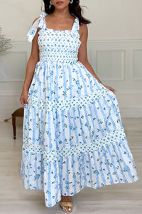 Floral Smocked Tied Straps A-Lined Tiered Maxi Dress - KaleaBoutique.com