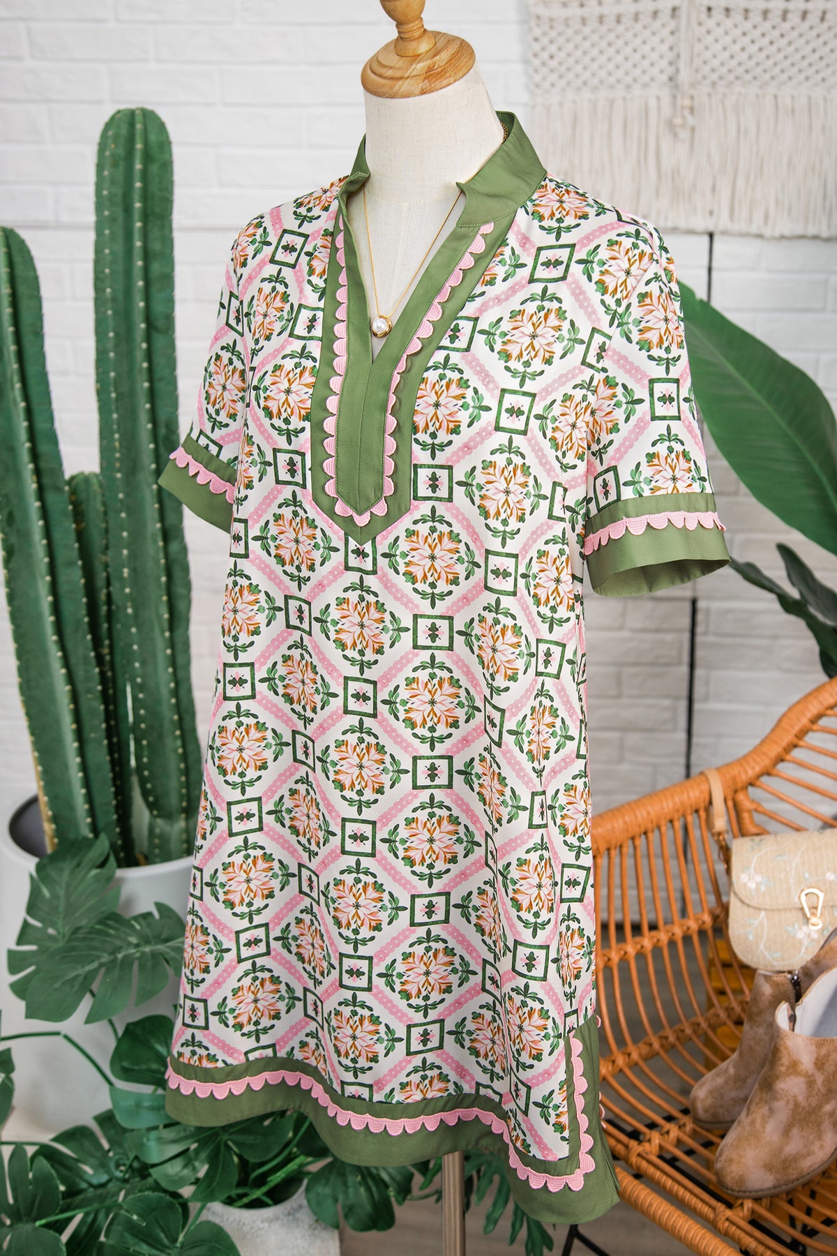 KaleaBoutique Stylish Boho Geometric Flower Print Short Sleeve Loose Mini Dress - KaleaBoutique.com