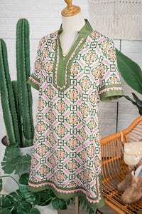 KaleaBoutique Stylish Boho Geometric Flower Print Short Sleeve Loose Mini Dress - KaleaBoutique.com