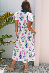Floral Puff Short Sleeve V Neck High Waist Maxi Dress - KaleaBoutique.com