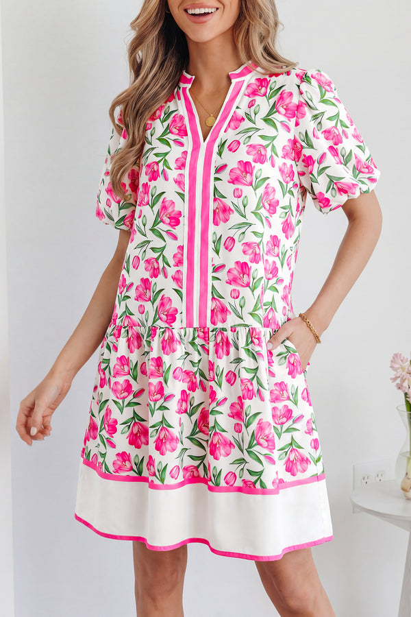 KaleaBoutique Stylish Sweet Floral Print Striped Color Block Trim Short Dress - KaleaBoutique.com