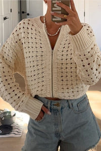 KaleaBoutique Stylish Hollowed Pattern Knit Zip Up Drop Shoulder Sweater Cardigan - KaleaBoutique.com