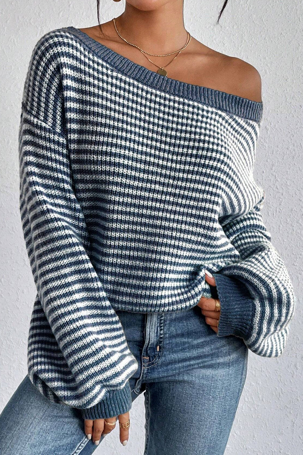 KaleaBoutique Striped Lantern Sleeve Drop Shoulder Cozy Sweater - KaleaBoutique.com