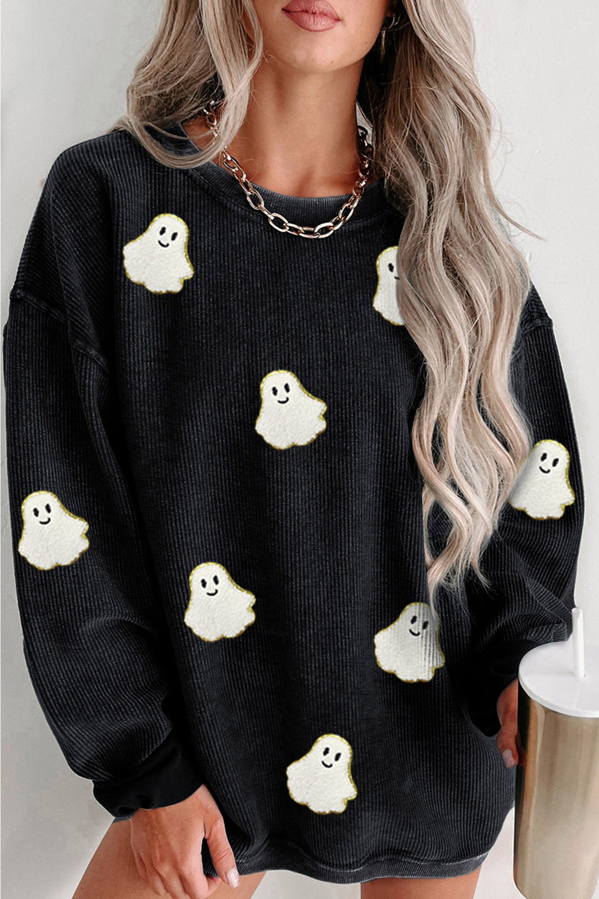 Black Oversized Ghost Halloween Corded Sweatshirt - KaleaBoutique.com
