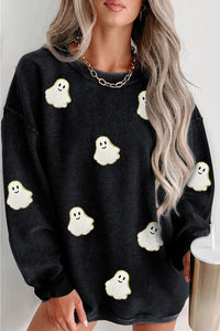 Black Oversized Ghost Halloween Corded Sweatshirt - KaleaBoutique.com