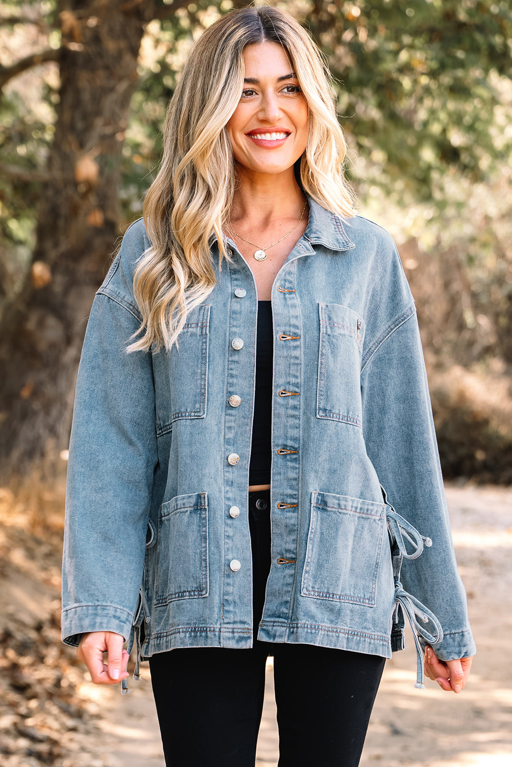 Multi Patched Pockets Side Tie up Boyfriend Style Denim Jacket - KaleaBoutique.com