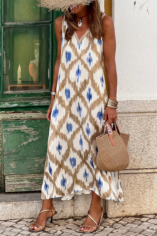 KaleaBoutique Stylish Boho Abstract Print V Neck Sleeveless Long Dress - KaleaBoutique.com