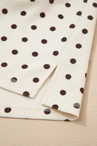 KaleaBoutique Comfortable Polka Dot Print Notched Neck Long Sleeve Top Drawstring Jogger Pants Waffle Knit Lounge Set - KaleaBoutique.com
