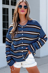 KaleaBoutique Comfortable Striped Drop Shoulder Button Cardigan - KaleaBoutique.com