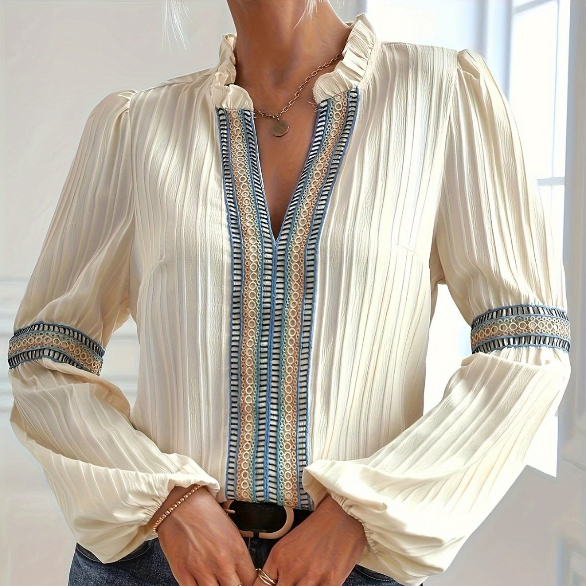 Simple Plain Lace V-neck Patchwork Shirt - KaleaBoutique.com