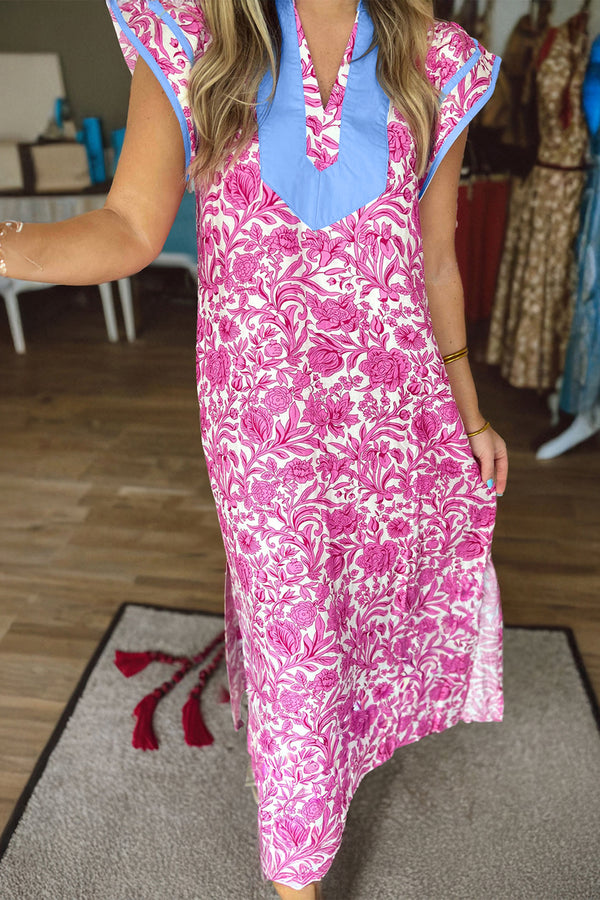 KaleaBoutique Comfortable Floral Print Color Block Patchwork V Neck Short Sleeve Midi Dress - KaleaBoutique.com