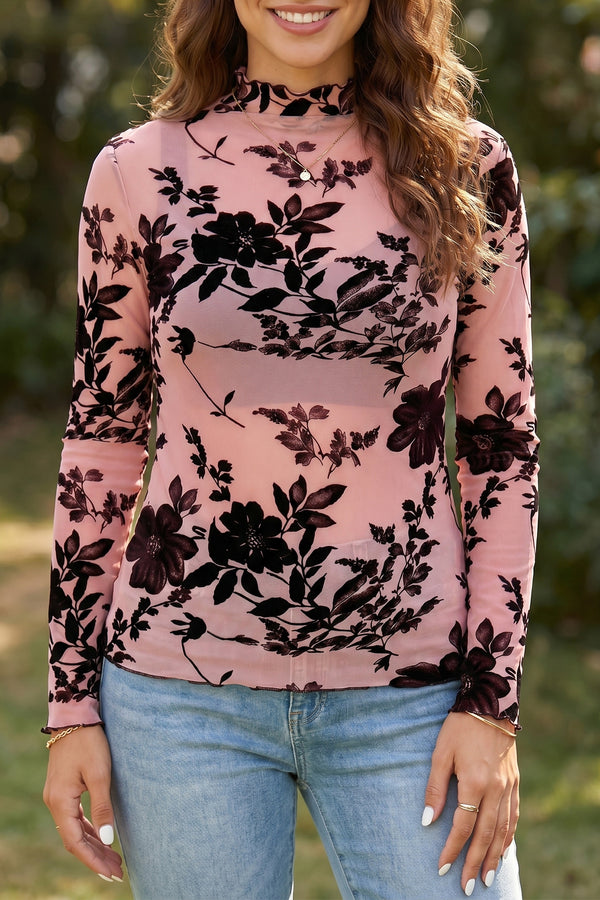 KaleaBoutique Stylish Retro Floral Print Mesh Long Sleeve Pullover Blouse - KaleaBoutique.com