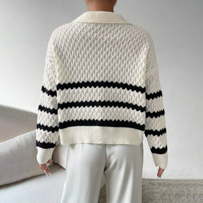 Women's Striped Openwork Polo-Collar Pullover Sweater - KaleaBoutique.com