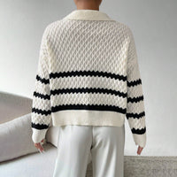 Women's Striped Openwork Polo-Collar Pullover Sweater - KaleaBoutique.com