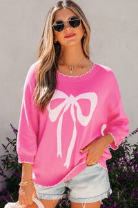 KaleaBoutique Stylish Big Ribbon Bow Print Contrast Stitch Trim Drop Shoulder Sweater - KaleaBoutique.com