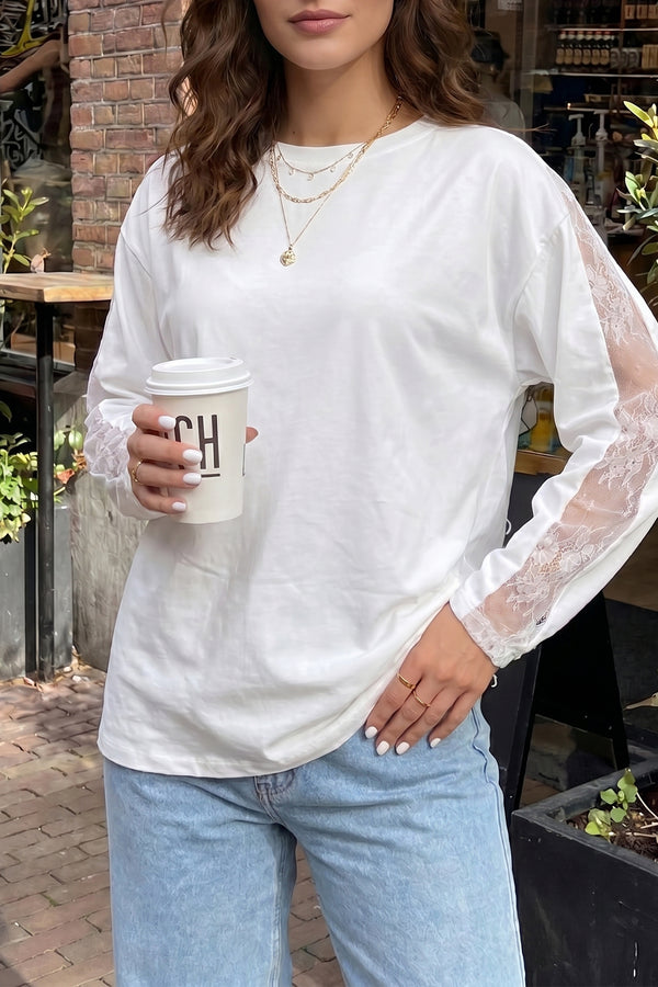 KaleaBoutique Stylish Lace Patchwork Round Neck Long Sleeve Top - KaleaBoutique.com