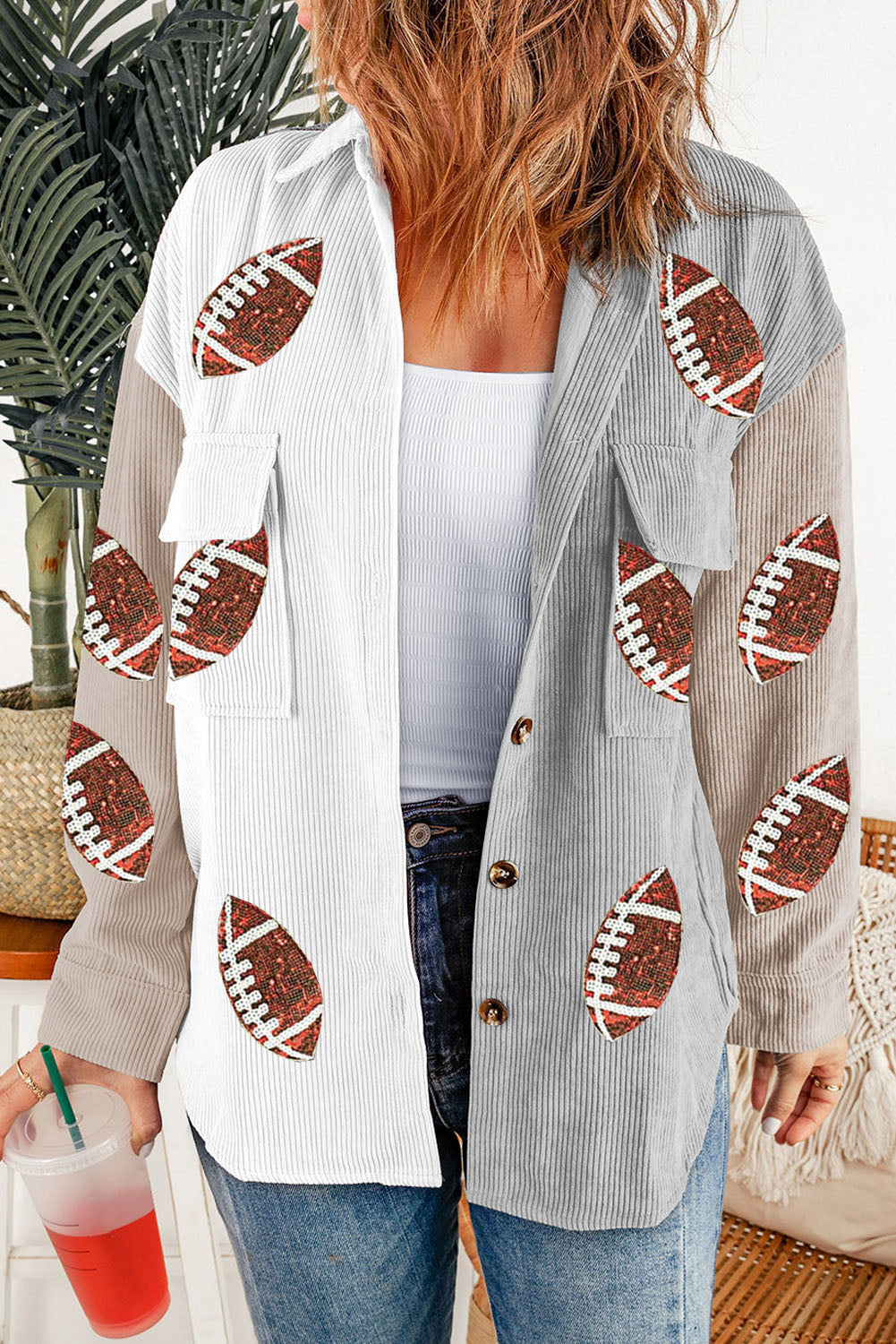 Stylish Sequin Rugby Graphic Flap Pockets Corduroy Shacket - KaleaBoutique.com