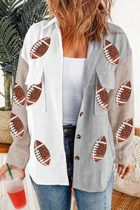 Stylish Sequin Rugby Graphic Flap Pockets Corduroy Shacket - KaleaBoutique.com