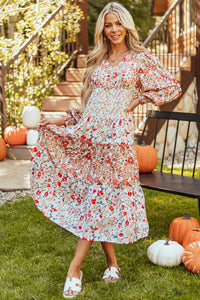 KaleaBoutique Stylish Floral Print Ruffled Tiered Long Sleeve V Neck Midi Dress - KaleaBoutique.com