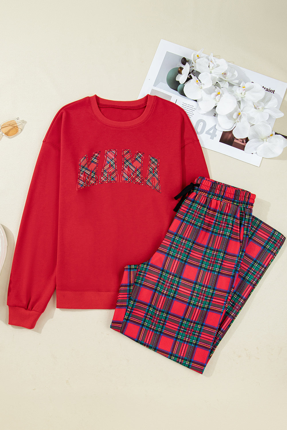 KaleaBoutique Comfortable Plaid Mama Graphic Christmas Holiday Crewneck Pullover and Pants Two Piece Lounge Set - KaleaBoutique.com