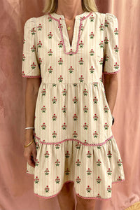 KaleaBoutique Comfortable Striped Floral Print Contrast Detail Ruffle Hem Short Dress - KaleaBoutique.com