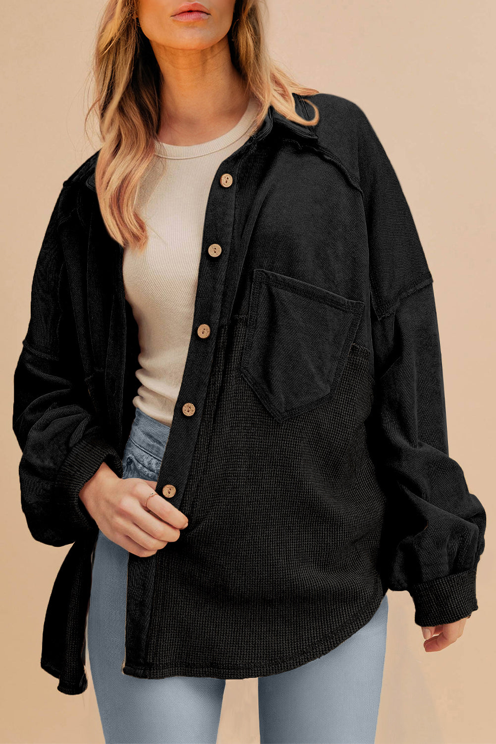 Waffle Knit Patchwork Exposed Seam Loose Shacket - KaleaBoutique.com