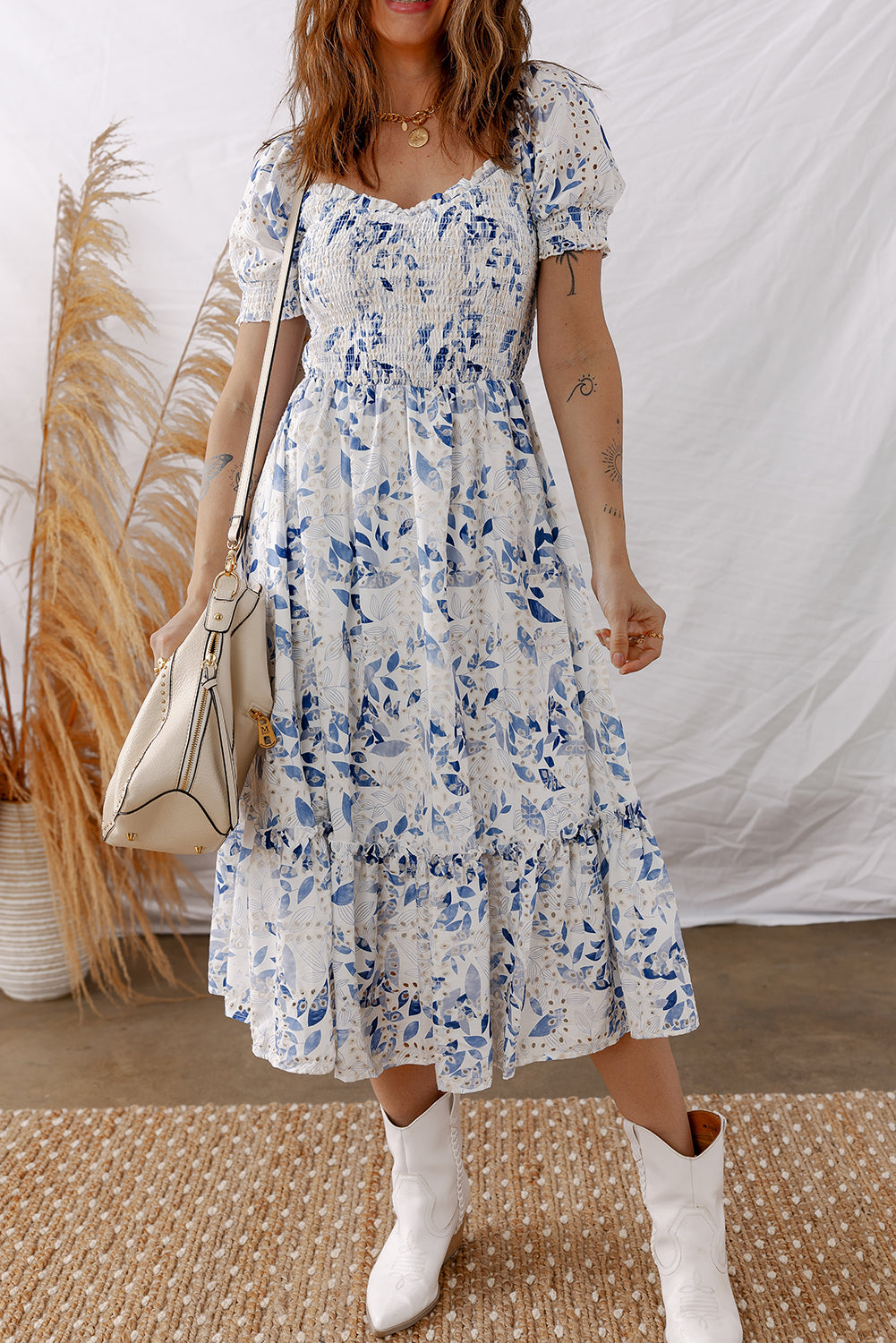 Smocked Bodice Short Puff Sleeve Tiered Floral Midi Dress - KaleaBoutique.com