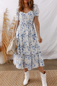 Smocked Bodice Short Puff Sleeve Tiered Floral Midi Dress - KaleaBoutique.com