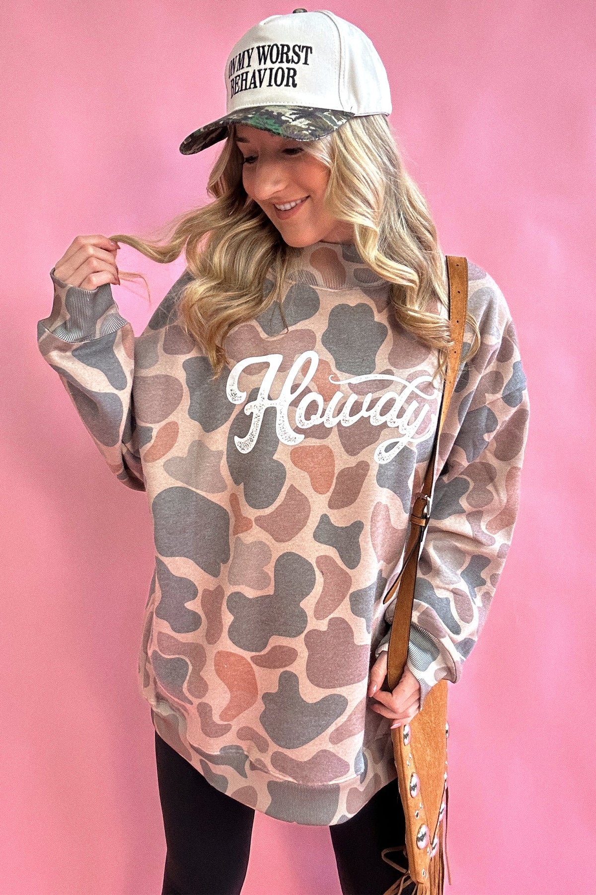 KaleaBoutique Camo Print Howdy Western Style Baggy Pullover Sweatshirt - KaleaBoutique.com