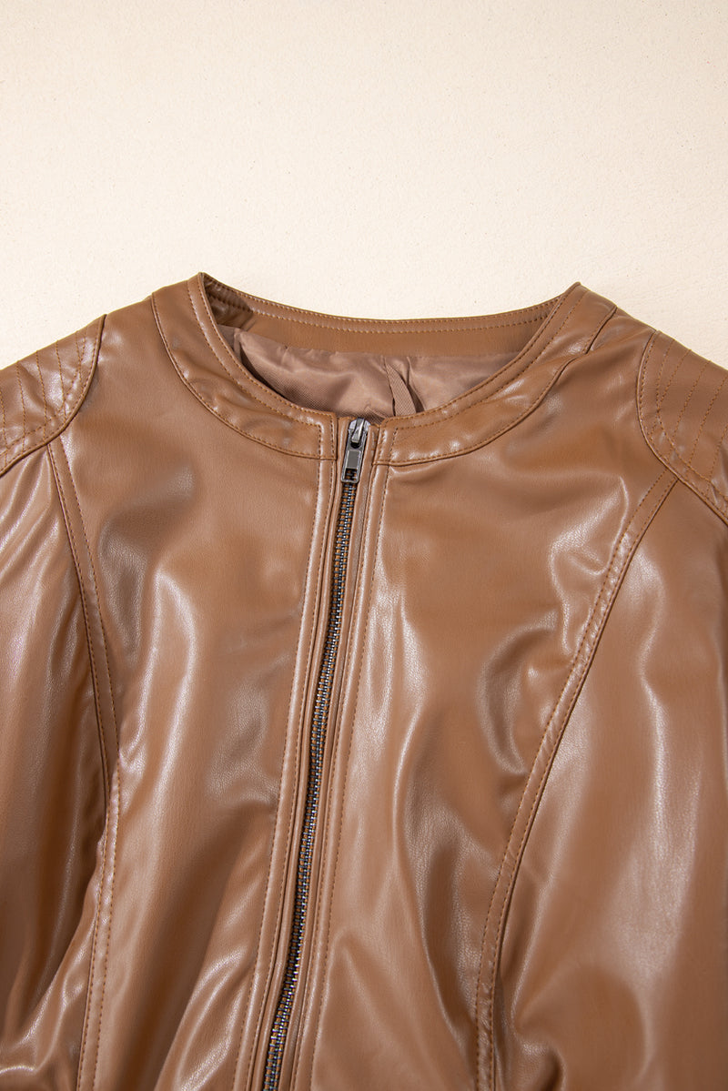 KaleaBoutique Solid Faux Leather Zipper Slim Fit Bomber Jacket - KaleaBoutique.com