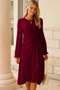 Solid Color Ruched Detail Long Sleeve Midi Dress - KaleaBoutique.com