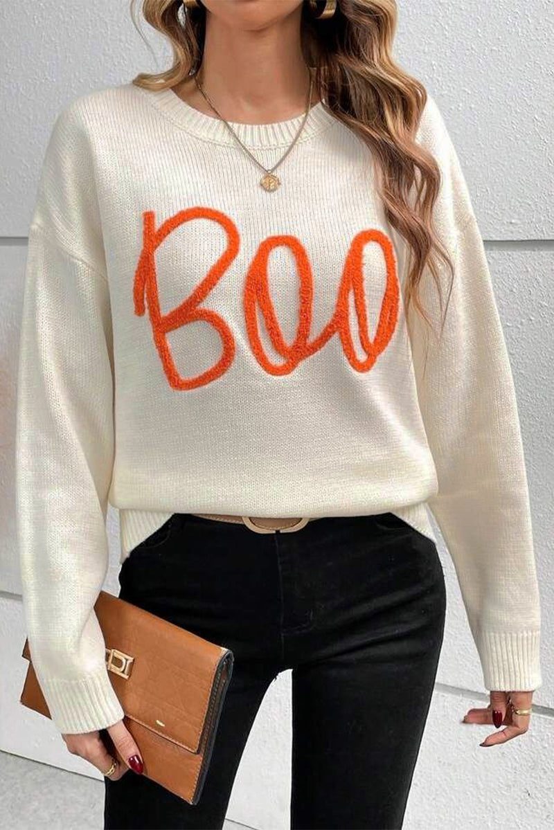 KaleaBoutique Boo Knitted Pattern Ribbed Edge Drop Shoulder Sweater - KaleaBoutique.com