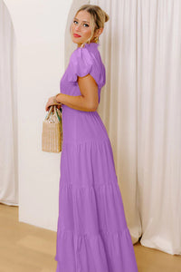 KaleaBoutique Stylish Solid Color V Neck Short Puff Sleeve High Waist Tiered Maxi Dress - KaleaBoutique.com