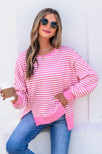 KaleaBoutique Stylish Textured Knit Color Block Trim Split Hem Long Sleeve Top - KaleaBoutique.com