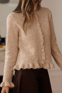 KaleaBoutique Comfortable Ruffle Trim Gold Button Sweater Cardigan - KaleaBoutique.com
