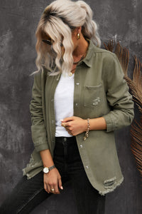 Raw Hem Distressed Denim Shirt Jacket - KaleaBoutique.com