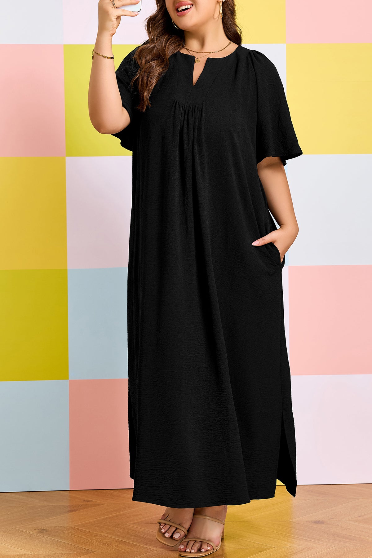 Black Plus Size Notched-Neck Short Sleeve Relaxed Dress - KaleaBoutique.com