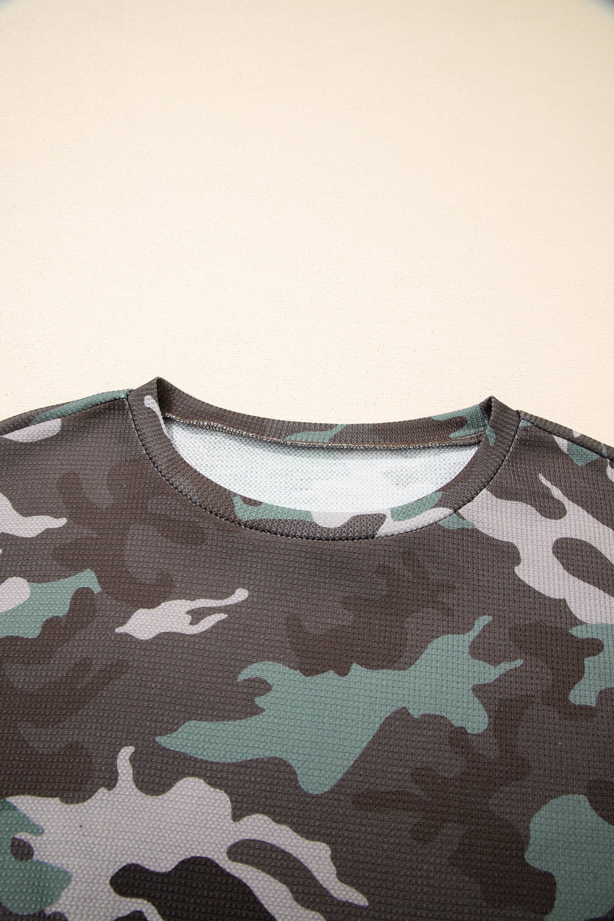 Camouflage Print Textured Drop Shoulder Long Sleeve Top - KaleaBoutique.com