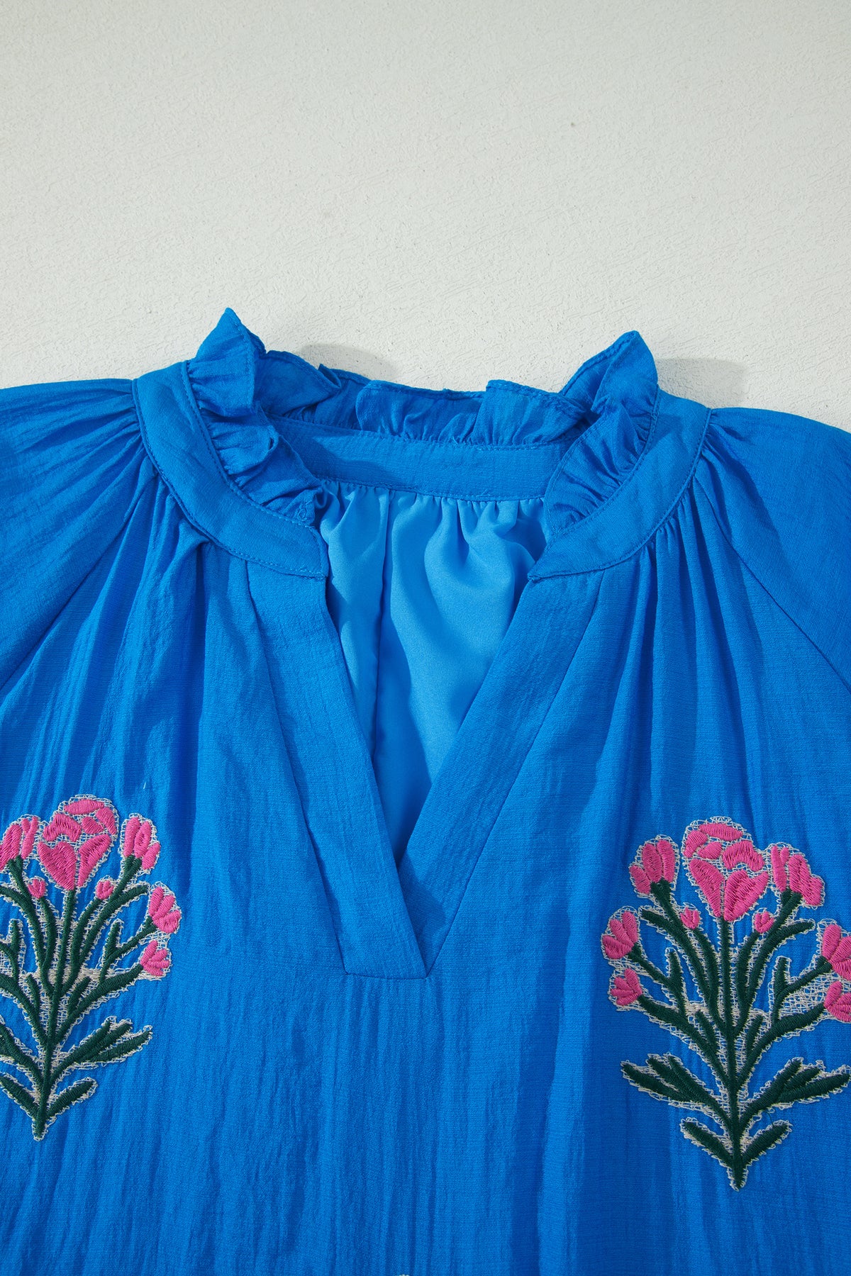 KaleaBoutique Stylish Flower Embroidered Split Neck Short Puff Sleeve Ruffle Hem Dress - KaleaBoutique.com