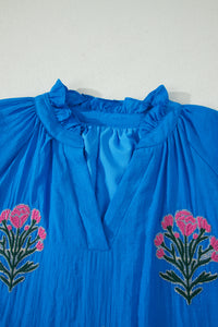 KaleaBoutique Stylish Flower Embroidered Split Neck Short Puff Sleeve Ruffle Hem Dress - KaleaBoutique.com