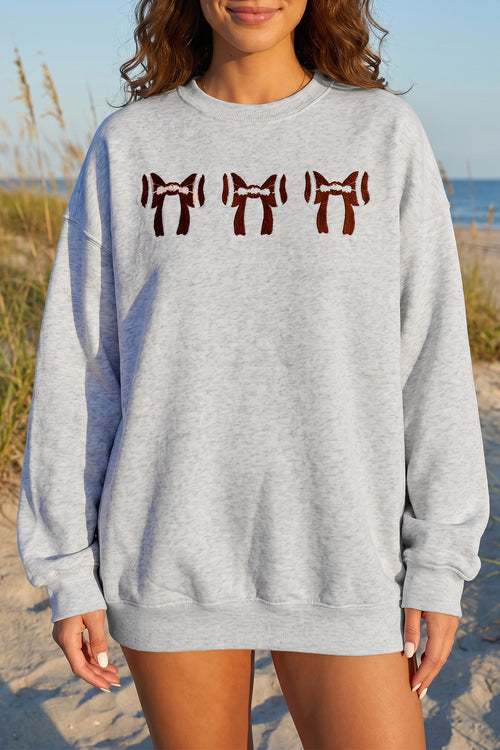 KaleaBoutique Comfortable Chenille Embroidered Rugby Bow Game Day Oversized Sweatshirt - KaleaBoutique.com