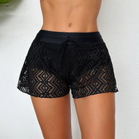 Women's Black Openwork Lace Tie-Front Swim Shorts - KaleaBoutique.com