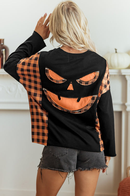 Black Pumpkin Face Appliqué Halloween Top with Orange Plaid Sleeves - KaleaBoutique.com