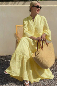 Women's Split-Neck Eyelet Flared-Sleeve Tiered Maxi Dress - KaleaBoutique.com