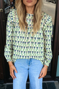 Floral Print Lace Detail Ruffle Trim Long Sleeve Blouse - KaleaBoutique.com