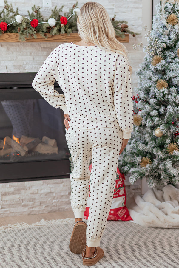 KaleaBoutique Comfortable Polka Dot Print Notched Neck Long Sleeve Top Drawstring Jogger Pants Waffle Knit Lounge Set - KaleaBoutique.com