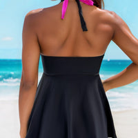 Women's Black and Pink Color Block Halter Dress 2 PC Tankini Set - KaleaBoutique.com