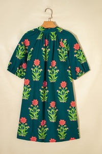 KaleaBoutique Comfortable Floral Print Contrast Trim Striped Patchwork Short Sleeve Dress - KaleaBoutique.com